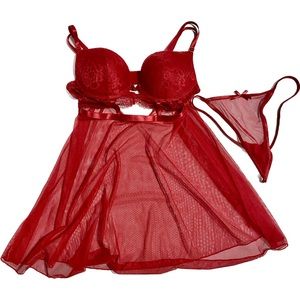 NWOT 2-Piece Red Lace Mesh Babydoll & G-String Set